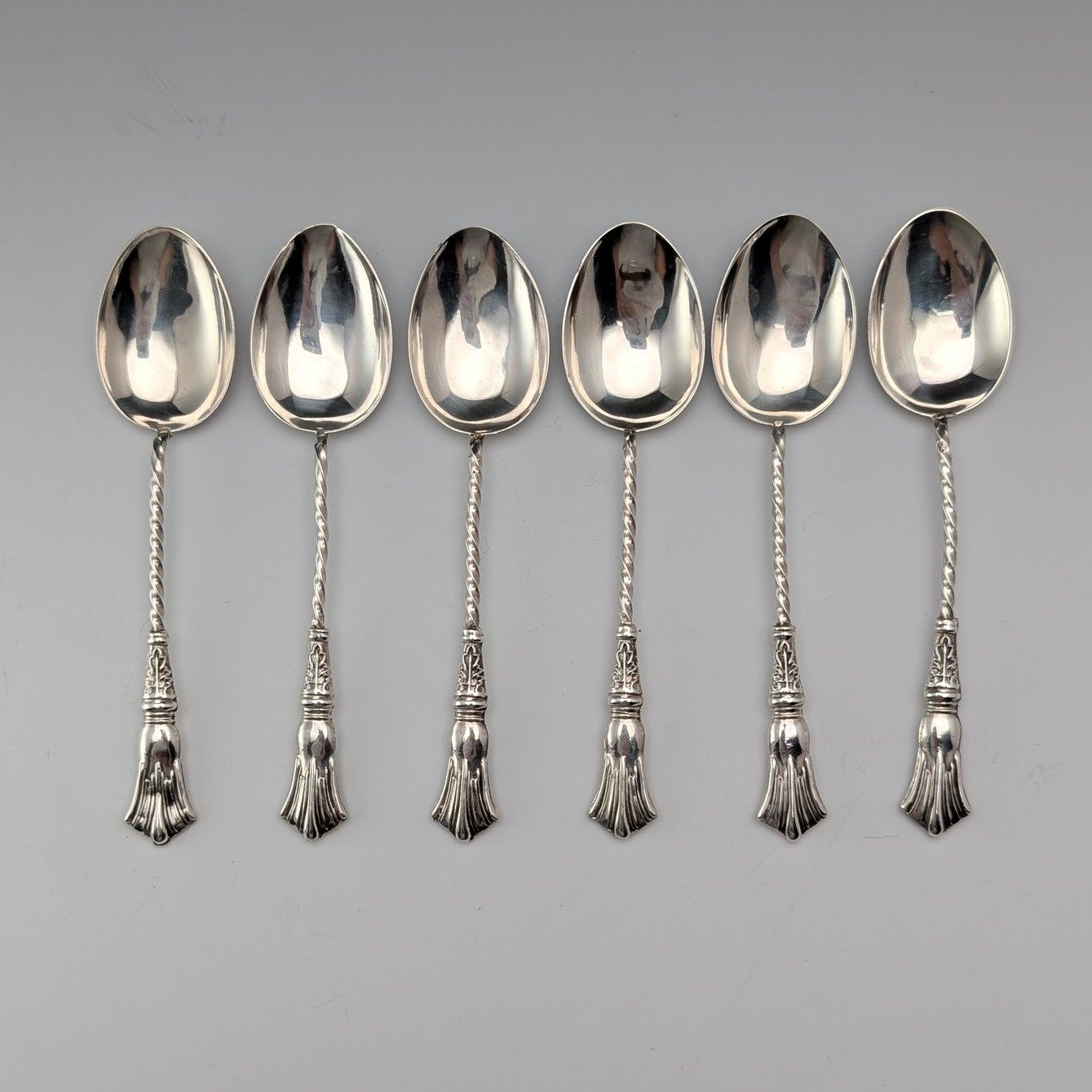 1907年 英国アンティーク 純銀製ティースプーン6本セット 計37g ケース入 William Devenport 1907年 英国アンティーク 純銀製ティースプーン6本セット 計37g