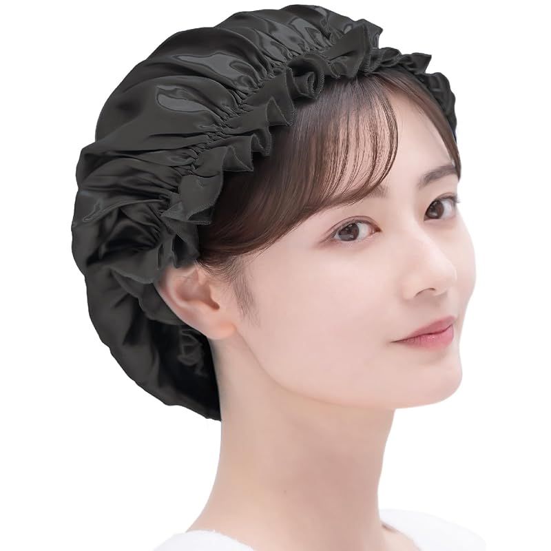 [COCOSILK] シルク ナイトキャップ シルク 天然 シルク100% ヘアキャップ シルクキャップ ロングヘア 就寝用 (L， ブラック) 1