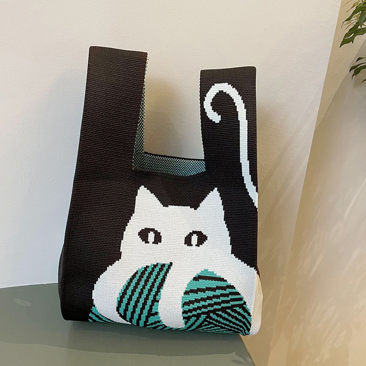 猫柄 ニットバッグ クロシェ編み ミニトート トートバッグ ランチトート かわいい 黒猫 ねこ 猫 バッグ お弁当 ランチボックス 猫グッズ 猫雑貨 猫好き プレゼント ギフト【168】