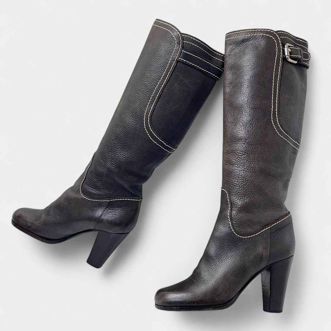 マックスマーラ ロングブーツ ブラウン シボ革 ベルト バックル