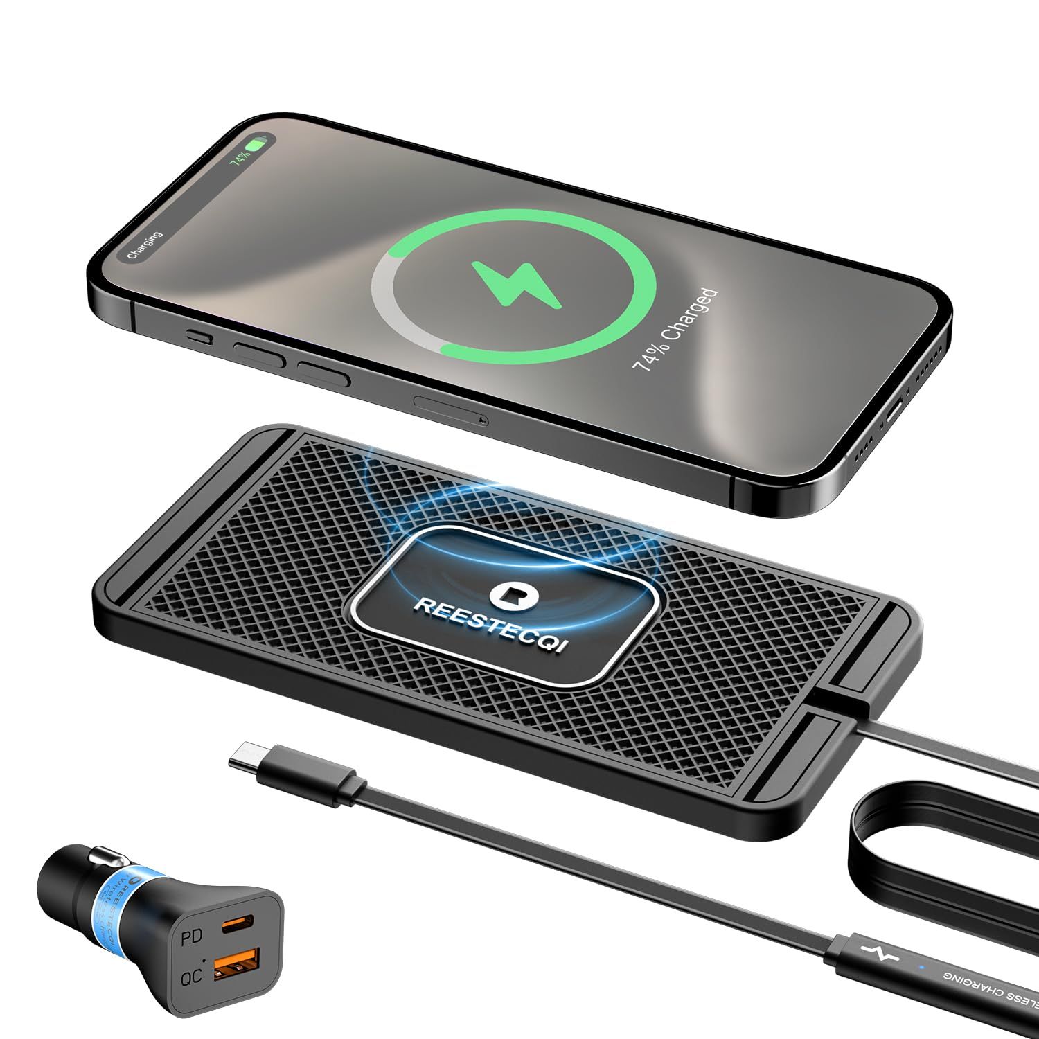 REESTECQI 車用ワイヤレス充電パッド 15W ワイヤレスカーチャージャーパッド Type C ワイヤレス充電器 車用 滑り止め PD 40W 車用充電器込み Airpods iPhone 15|14|13|12 Samsu 1メートルケーブル