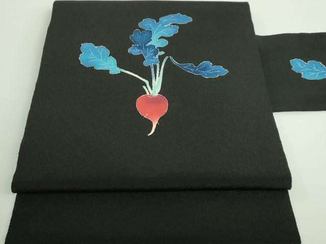 平和屋着物■極上　本加賀友禅作家　木村雨山　九寸名古屋帯　成り物　カブ　黒地　鬼しぼ縮緬　逸品　DZAA9291kh5 平和屋着物□極上 本加賀友禅作家 木村雨山 九寸名古屋帯 成り物 カブ