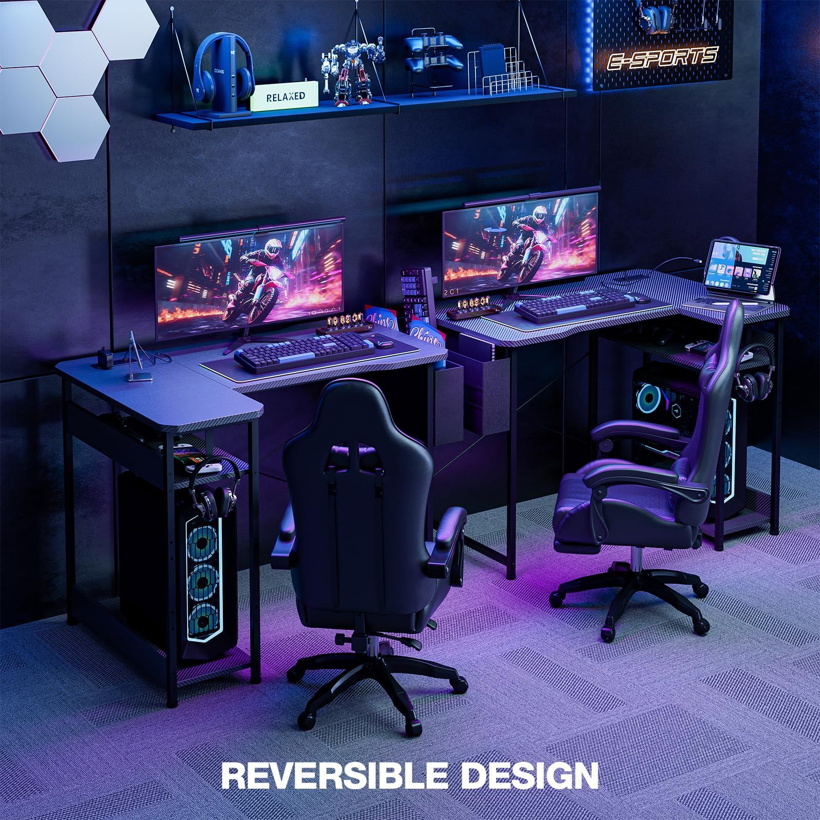 在庫処分 左右入替OK 収納バッグ付き コンセント付き カーボン調天板 L字 奥行70cm 幅100 cm ゲーミングデスク 棚高さ調節 パソコンデスク 棚付きl字デスク Acrolix ゲームデスク ワークデスク