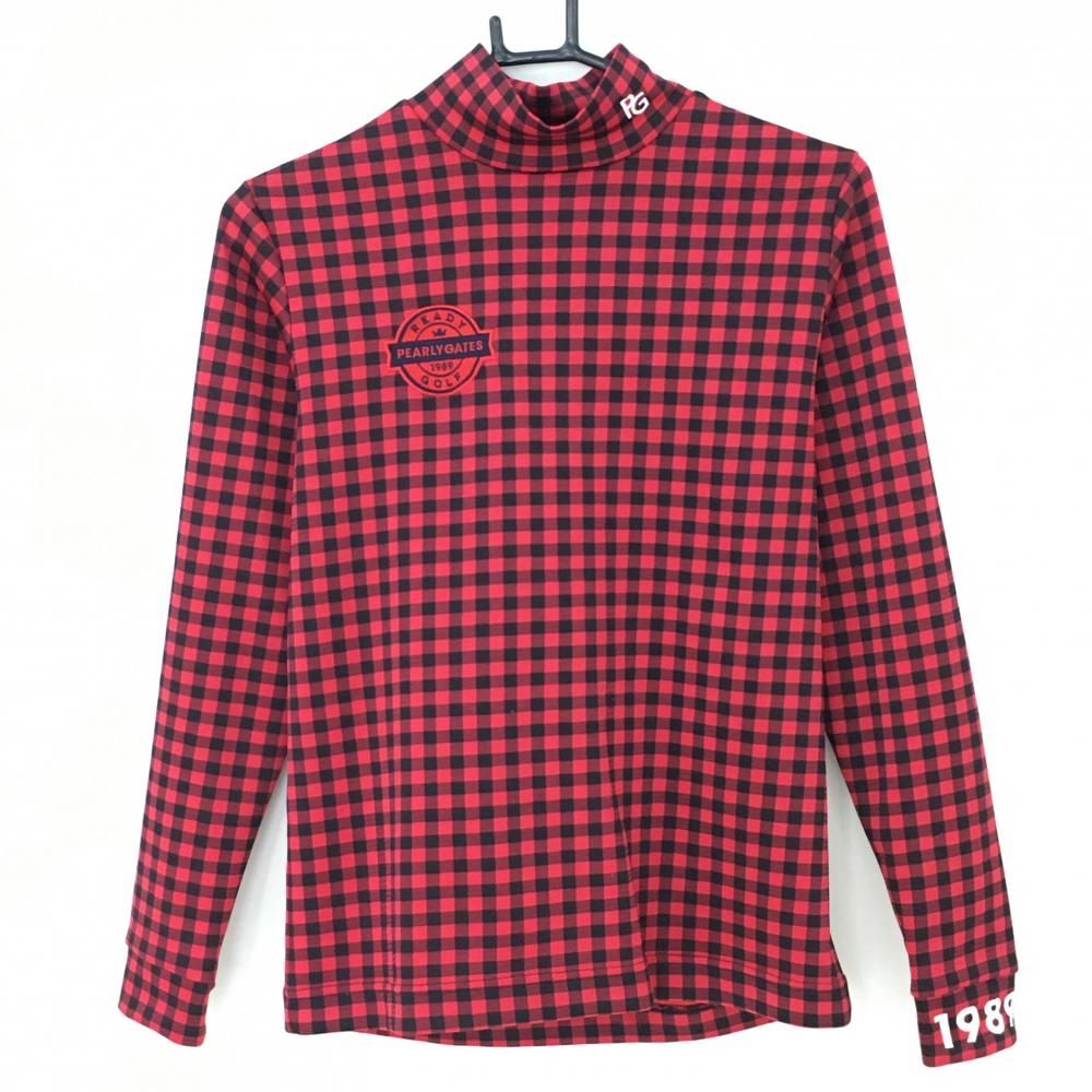 【超美品】パーリーゲイツ 長袖ハイネックシャツ レッド×黒 チェック レディース 1(M) ゴルフウェア PEARLY GATES