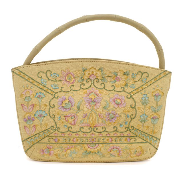 小*家様 OKAJIMA 岡重 オカジマ ハンドバッグ 和装 ベージュ シルク 新古品】 岡重 和装 ハンドバッグ OKAJIMA 和装 洋装 黄ベージュ 花