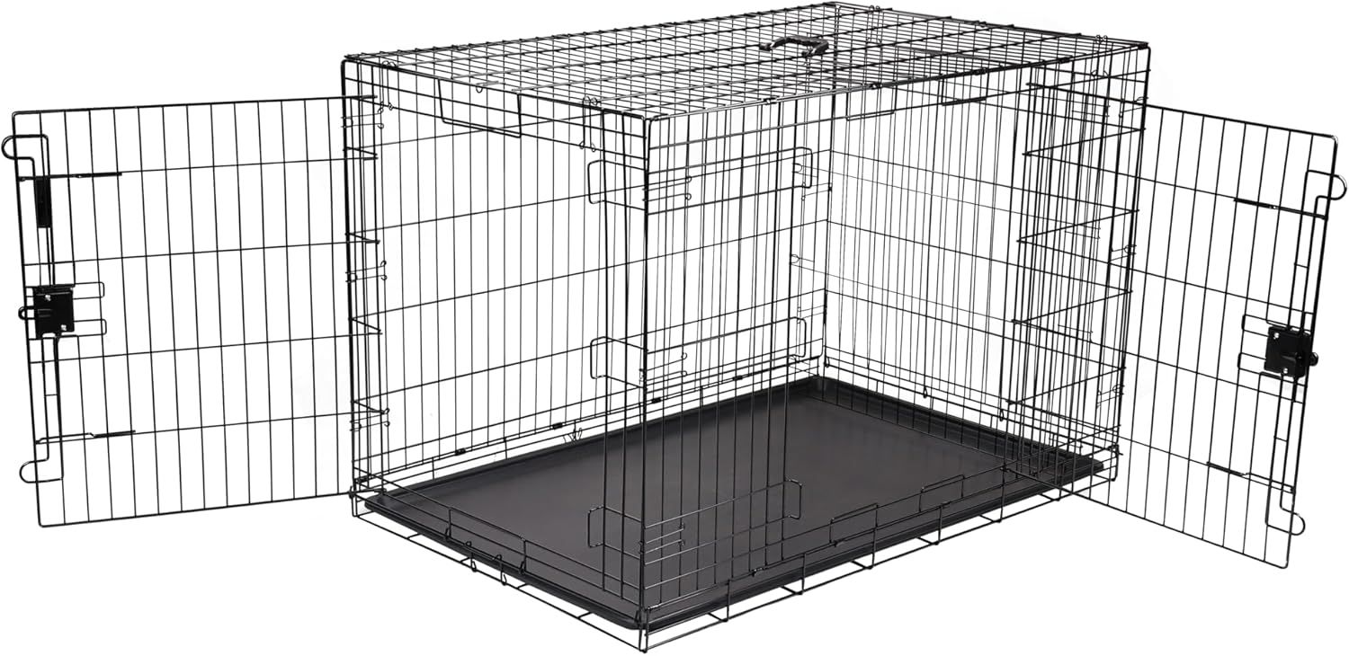 ベーシック 犬 ペットケージ 折りたたみ トレー付き ダブルドア 122 cm x 76 cm x 83 cm 大型犬 ブラック