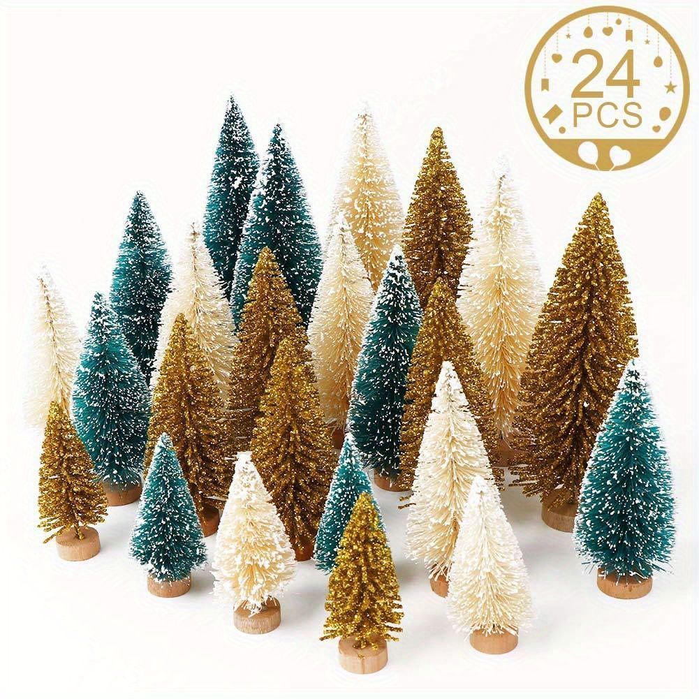 ミニクリスマスツリー 木製ベース付き 24個 ミニクリスマスツリーセット テーブルトップデコレーション 冬のクラフト シサルブラシツリー クリスマスシーズン グリーン ゴールデド アイボ