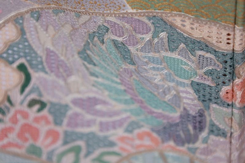 訪問着　グレー　紫　グリーン　ゴールド　珊瑚朱　扇面　花　青海波　汕頭刺繍　飾り縫い紋　T538 訪問着 グレー 紫 グリーン ゴールド 珊瑚朱 扇面 花 青海波 汕頭刺繍