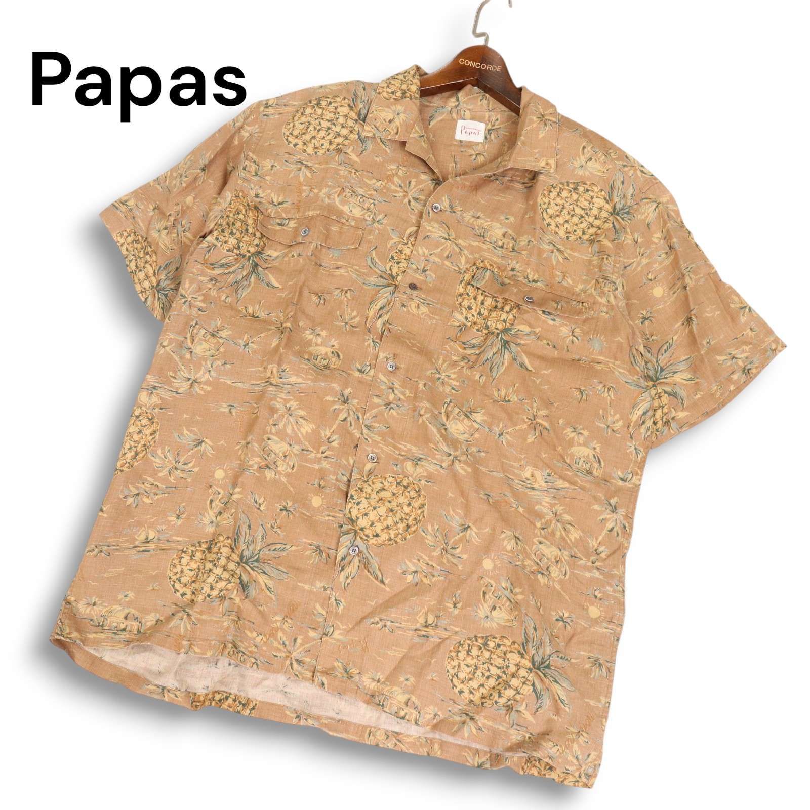 PAPAS メンズアロハシャツ麻100％ Papas パパス 春夏 麻100%☆ パイナップル総柄 半袖 リネン