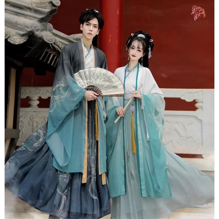 チャイナ服 上下3点セット メンズ レディース 大人 ペアルック グラデーション 白緑 黒緑 漢服＆唐装 華流コスプレ衣装 中国古代服装 ハロ