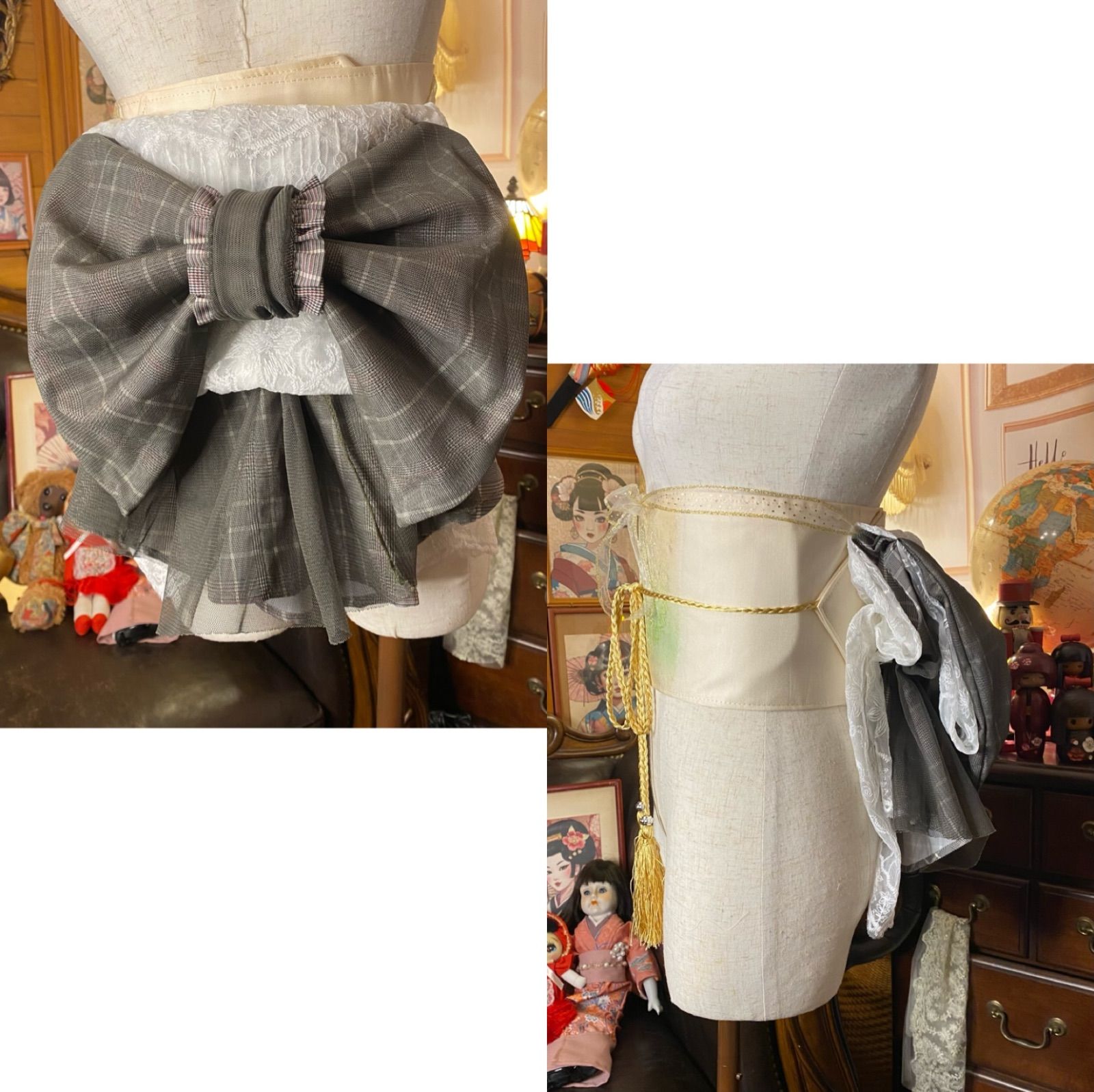 和洋折衷 リメイク 帯飾り 帯バッスル レトロ 古着 リボン レース カーキチュール×グレーのチェック柄 1点 KO-18