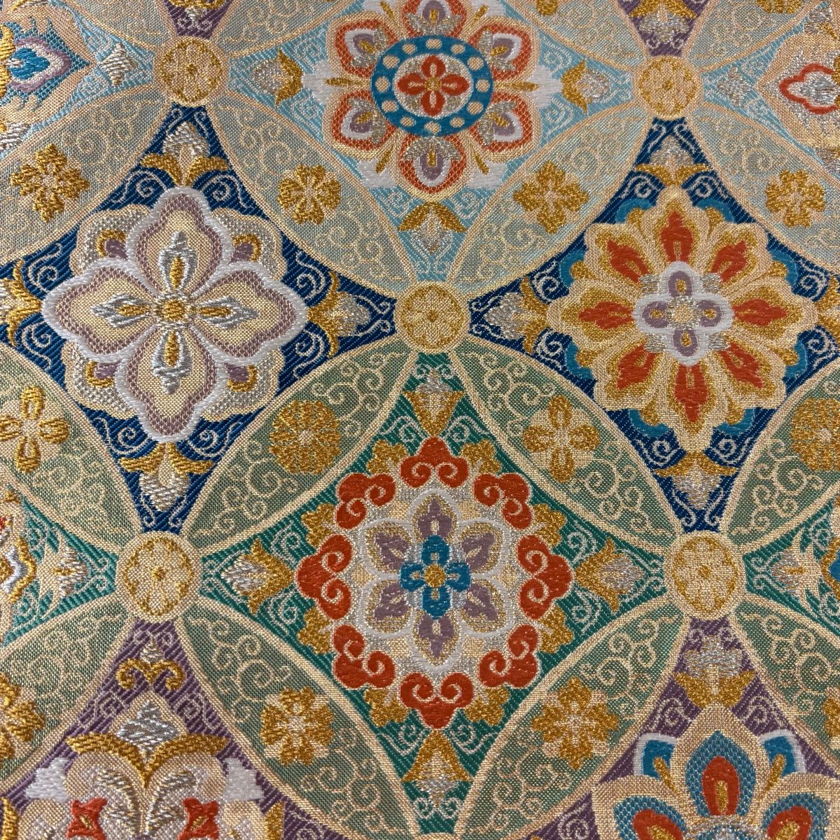袋帯 美品 秀品 七宝 華文 刺繍 金銀糸 紫 六通 正絹 【中古