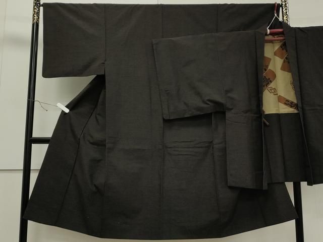平和屋着物●男性 紬 アンサンブル 色無地 鉄黒色 正絹 CAAS0081th