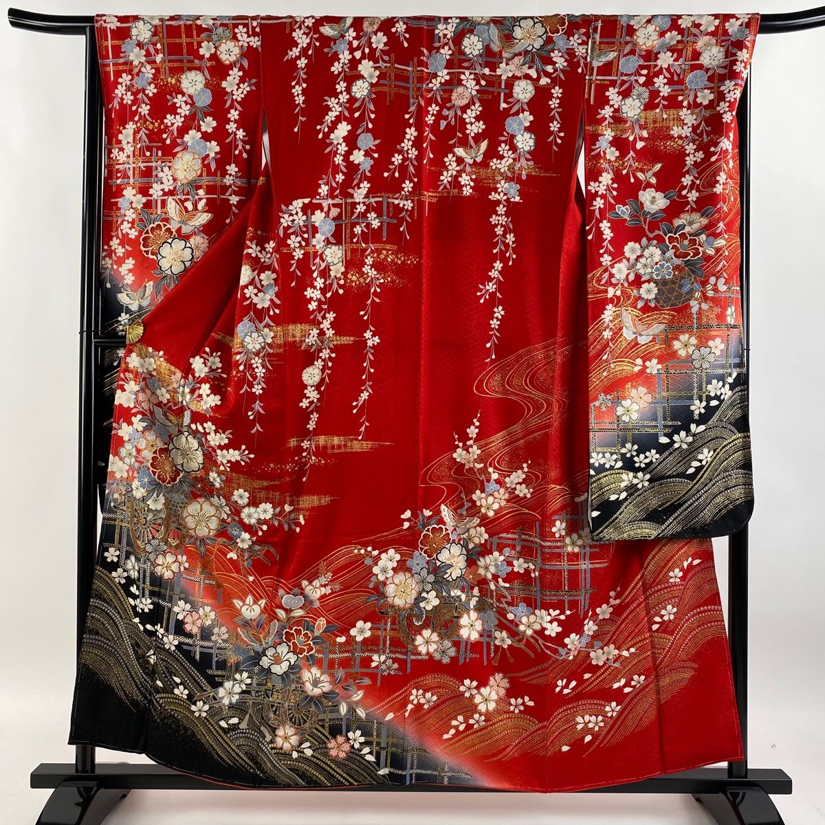 振袖 身丈158cm 裄丈67.5cm L 袷 袋帯フルセット 花車 波 金糸