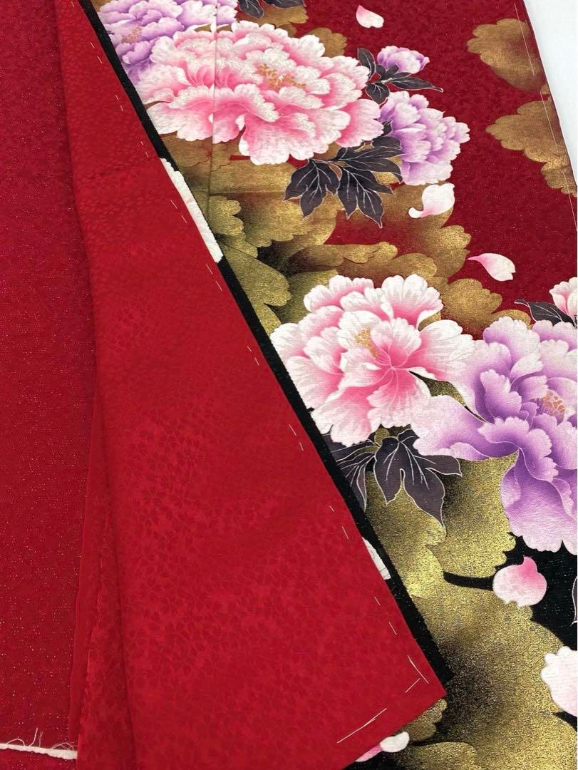 振袖 仮絵羽 銀通し ラメ刺繍 金彩 紋意匠 牡丹 正絹 未仕立て品 八掛