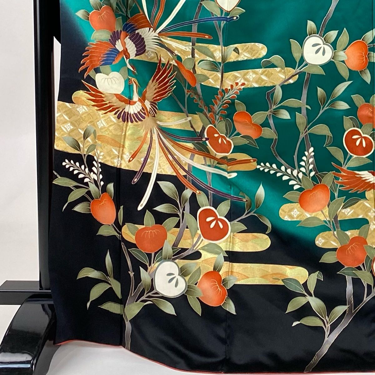 振袖 身丈172cm 裄丈65cm M 袷 鳳凰 橘 金糸 金彩 緑 正絹 秀品