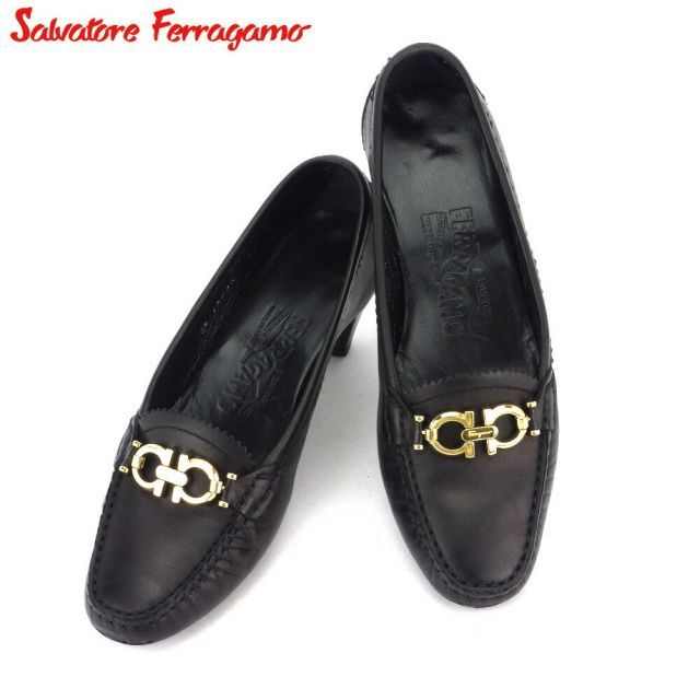 サルヴァトーレ フェラガモ パンプス シューズ 靴 レディース ♯4ハーフ ガンチーニ ブラック ゴールド レザー Salvatore  Ferragamo G1417S - メルカリ