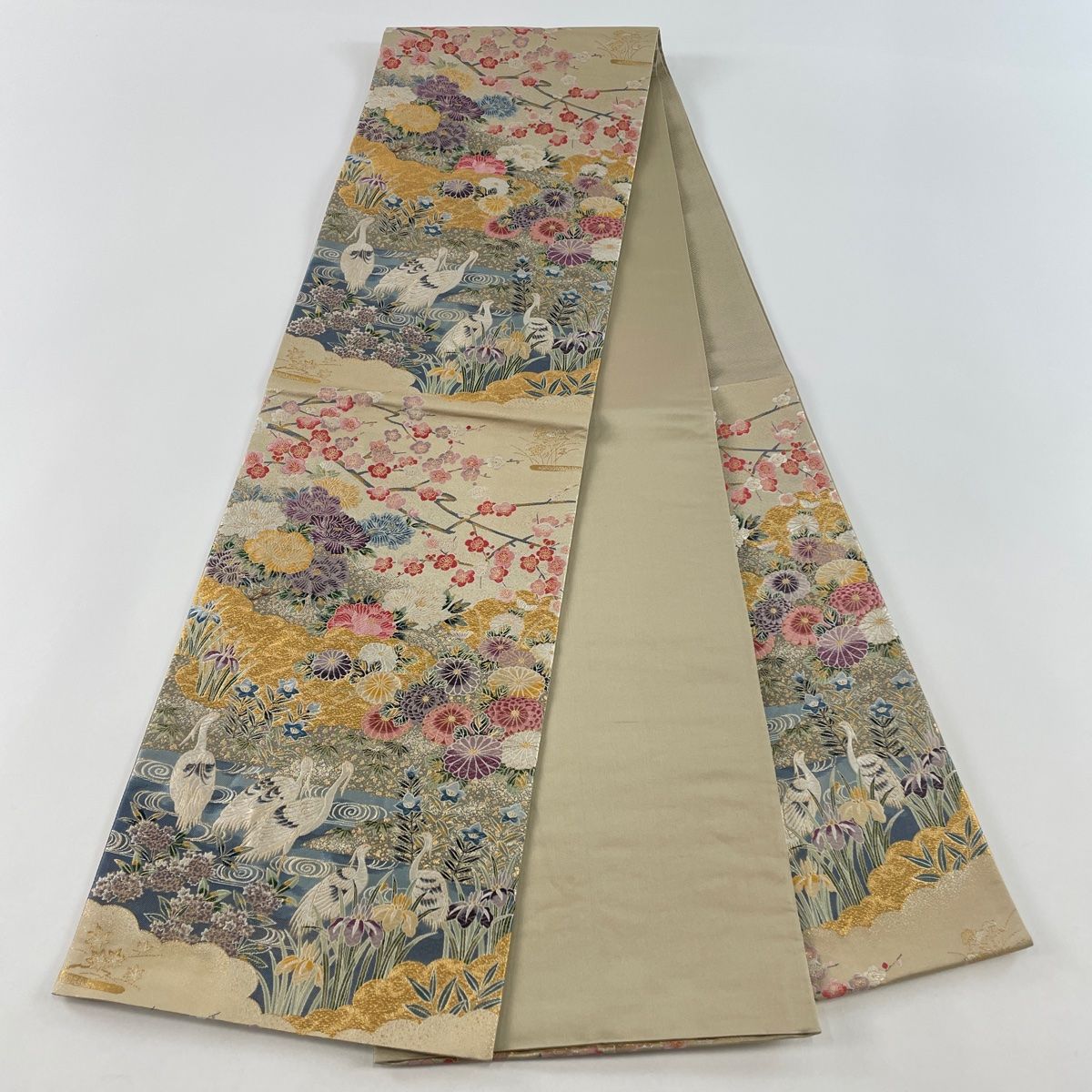 袋帯 美品 秀品 草花 鳥 箔 金糸 薄茶色 六通 正絹 【中古