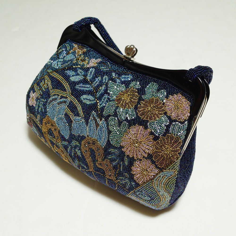 ビーズバッグ 和装バッグ がま口 ビーズ刺繍 植物模様 手刺繍 日本製