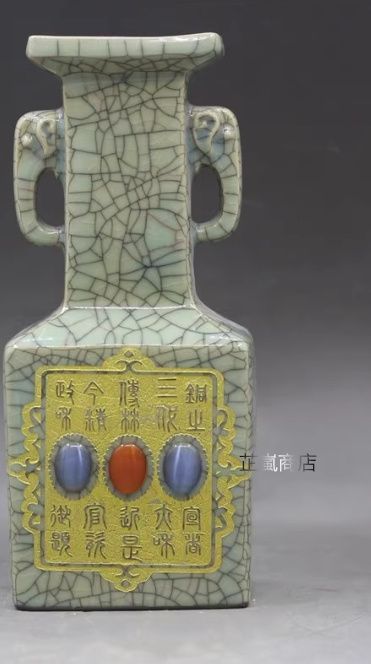 宋代兄窯開片金象嵌宝石象耳四方瓶景徳鎮 陶磁器 装飾品 現代工芸品 美術品 置物