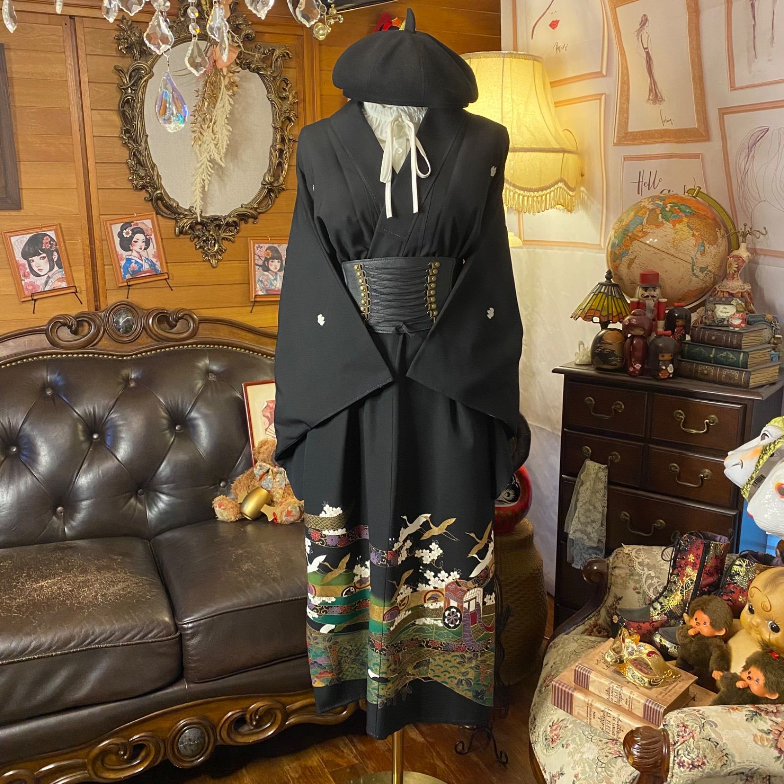 黒留袖 着物 リメイク ワンピース セミロングドレス 和洋折衷 洗える 化繊 ハンドメイド レトロ 古着 漆黒に翡翠の熨斗 桜と飛鶴が駆ける TKW-82