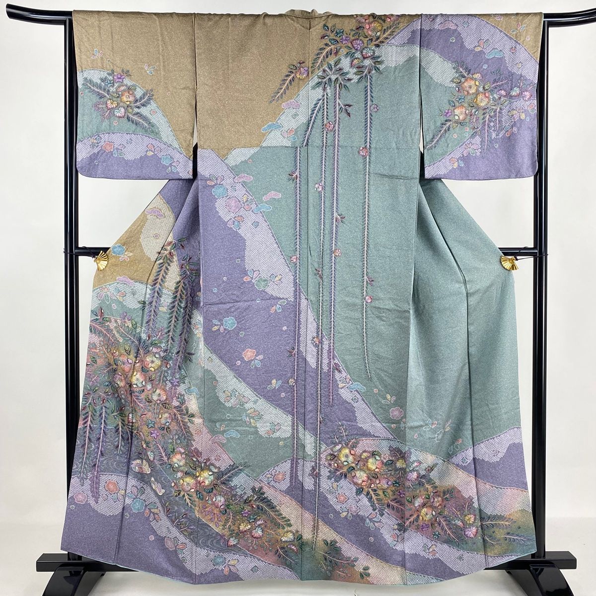 訪問着 身丈160cm 裄丈66.5cm M 袷 辻が花 鴛鴦 灰紫 正絹 名品
