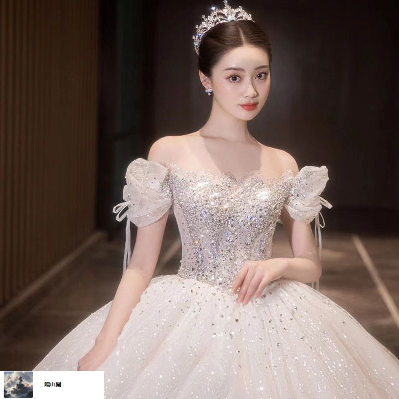 送料無料 2025 フレンチ一字肩 ウェディングドレス ロングトレーン 小柄対応 質感 重厚ディテール 主役スタイル-8.17LYC680夏の新生活