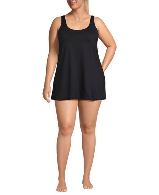 送料無料 ランズエンド レディース ワンピース トップス Plus Size Scoop Neck Mini Swim Dress Swimsuit Black