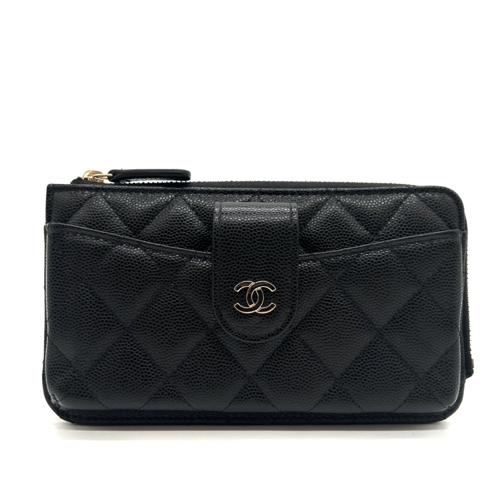 CHANEL シャネル フラグメントケース キャビアスキン マトラッセ 財布 ブラック ゴールド金具 フォンケース コインケース カードケース 黒 レディース 小物 レザー ウォレット ココ ココマーク coco wallet ladies