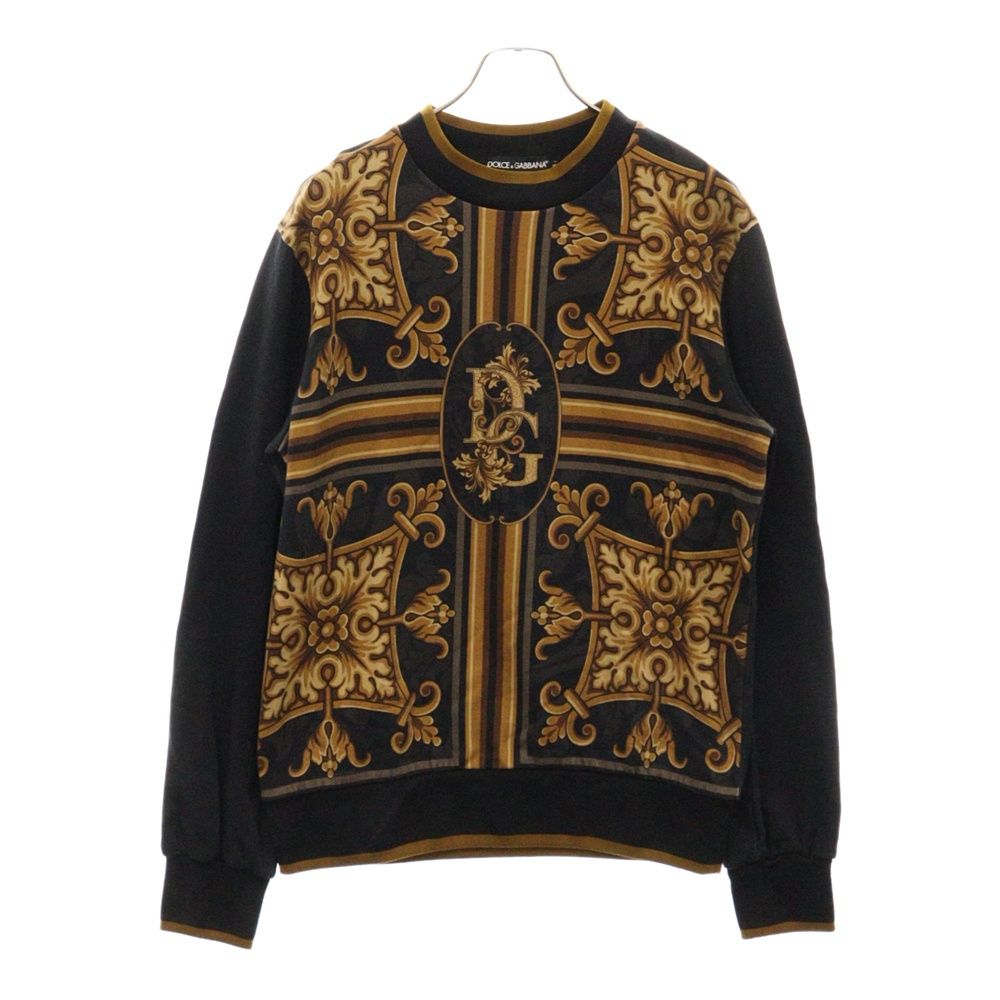DOLCE u0026 GABBANA (ドルチェアンドガッバーナ) Baroque Cotton Silk DG Logo Sweater バロック コットン シルク DGロゴ クルーネック スウェットトレーナー ブラック/ゴールド G9OW6T/HH7YZ