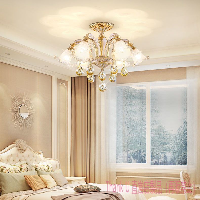 高品質推薦 リビングルーム用のクリスタル付きゴールドジオメトリーガラスハンギングシャンデリアライト - 110V 6灯