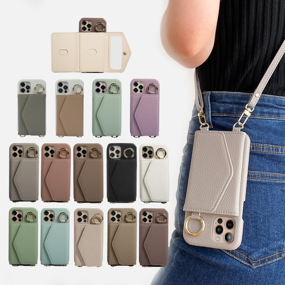 【数量限定】背面ポケット カード収納 ミラー付き リング付き 財布付き 斜めかけ 肩掛け 鏡付き マグネットなし 背面カード収納 背面手帳型 携帯ケース レザー タイプ ショルダー スマホケ