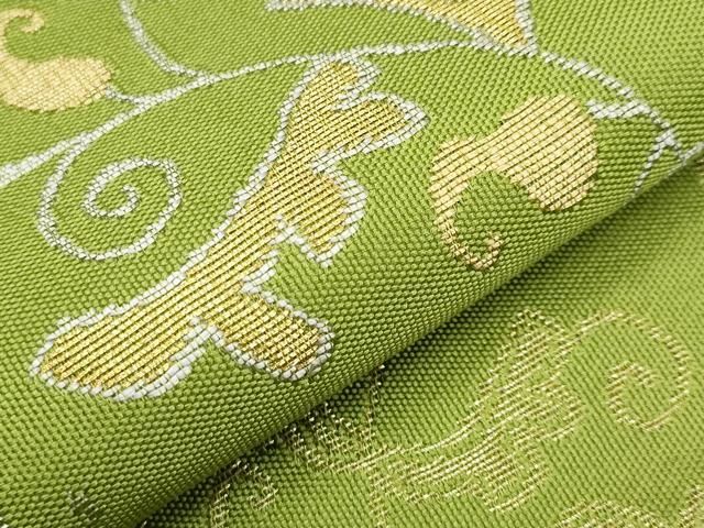 平和屋着物□極上 洛風林 工芸帯地 九寸名古屋帯 花唐草文 青丹