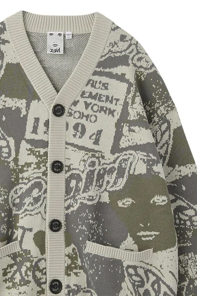 X-girl エックスガール 105254015019 COLLAGE GRAPHIC JACQUARD KNIT CARDIGAN コラージュグラフィックジャガードニットカーディガン OLIVE 正規通販 レディース