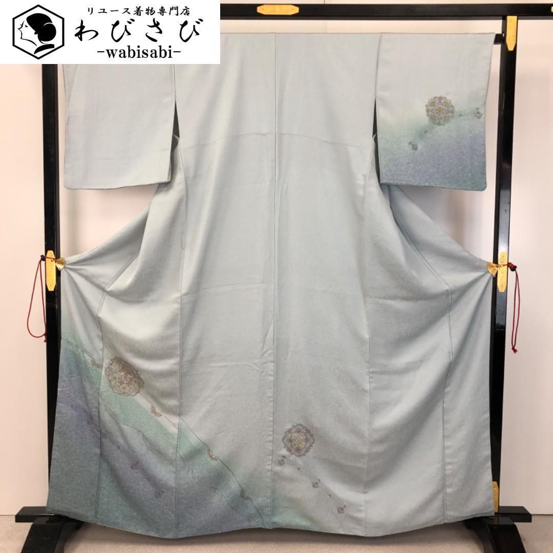付下げ 汕頭刺繍 美しい華柄模様 藍白色 ガード加工 トール