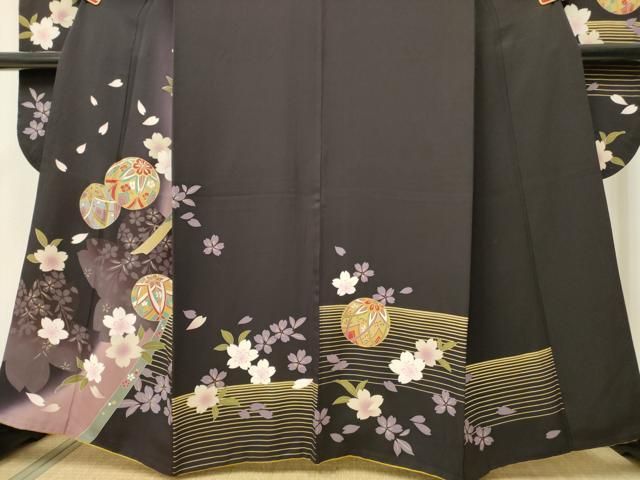平和屋着物○豪華振袖 手毬花文 暈し染め 黒地 金彩 京都きもの
