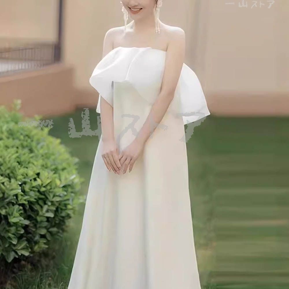 2025 ウェディングドレス ロングドレス ブライダル Aライン チューブトップ ハイウエスト かわいい オフショルダー 二次会 結婚式 前撮