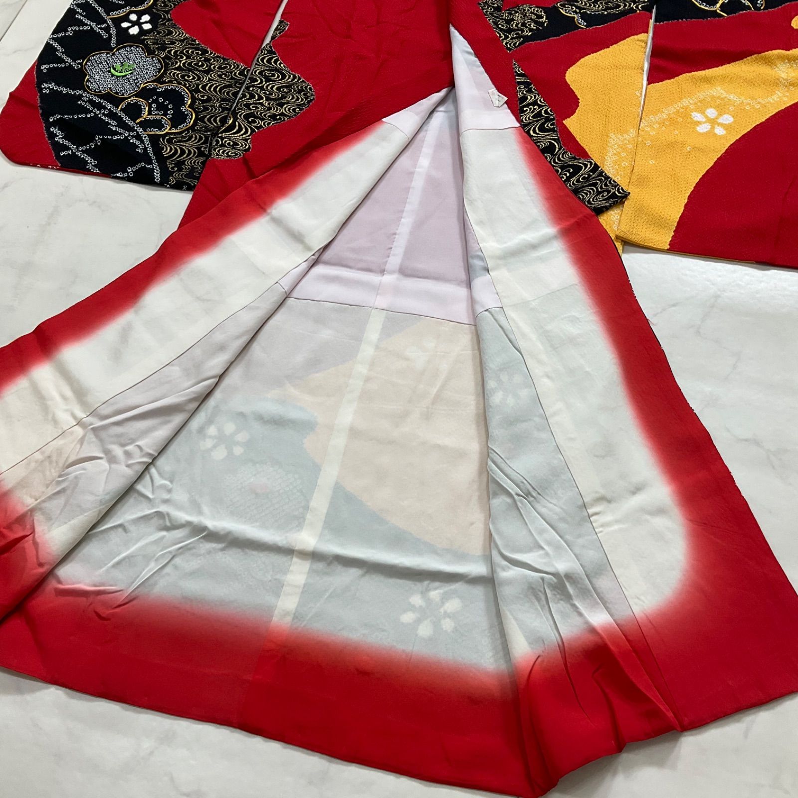 one◆ 同然◆7歳くらい用◆女の子着物◆手絞りと友禅と金駒刺繍◆正絹◆子供着物◆七五三◆袷◆裄59㎝肩丈136.5㎝◆七五三お詣り女の子着物こどものひお正月卒業式十三詣り◆G320手絞り