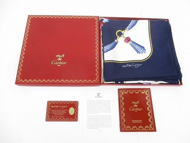 カルティエ Cartier スカーフ 絹 シルク100％ 総柄 紺 ネイビー系 ギャランティカードあり レディース