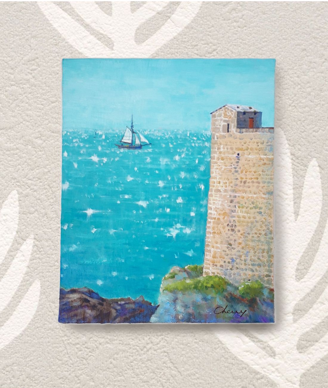 一点物 城壁の街の海 油絵 F3号 油彩 油画 絵画 インテリアアート