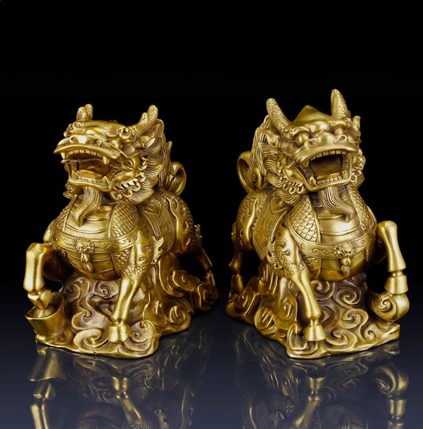 黄铜麒麟置物一対 火麒麟 リビング銅麒麟置物