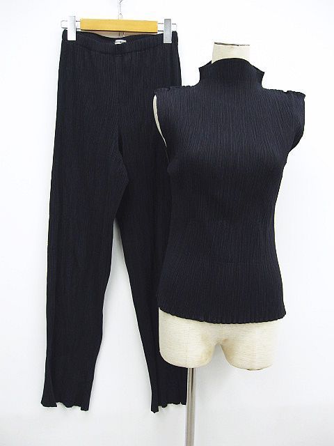 ISSEY MIYAKE イッセイミヤケ プリーツプリーズ 上下 ノースリーブカットソー パンツ ネイビー 濃紺 Mサイズ L0001-0524-8