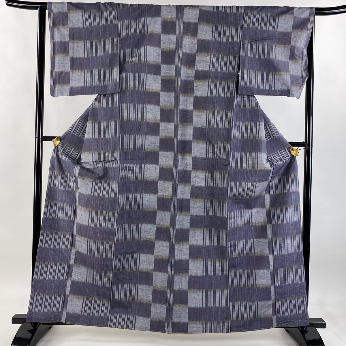 紬 身丈162cm 裄丈64cm M 袷 縦縞 変わり市松 青灰色 正絹 秀品