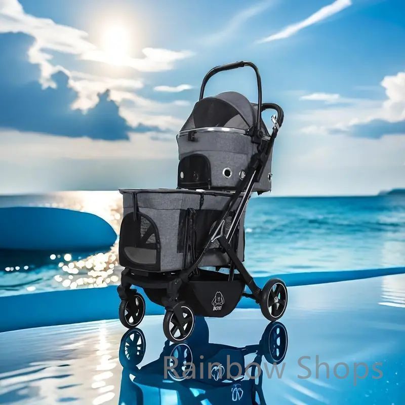 ブルーのメッシュカバー付きペットカート デニムブルー ペットカート メッシュカバー付き Coconte