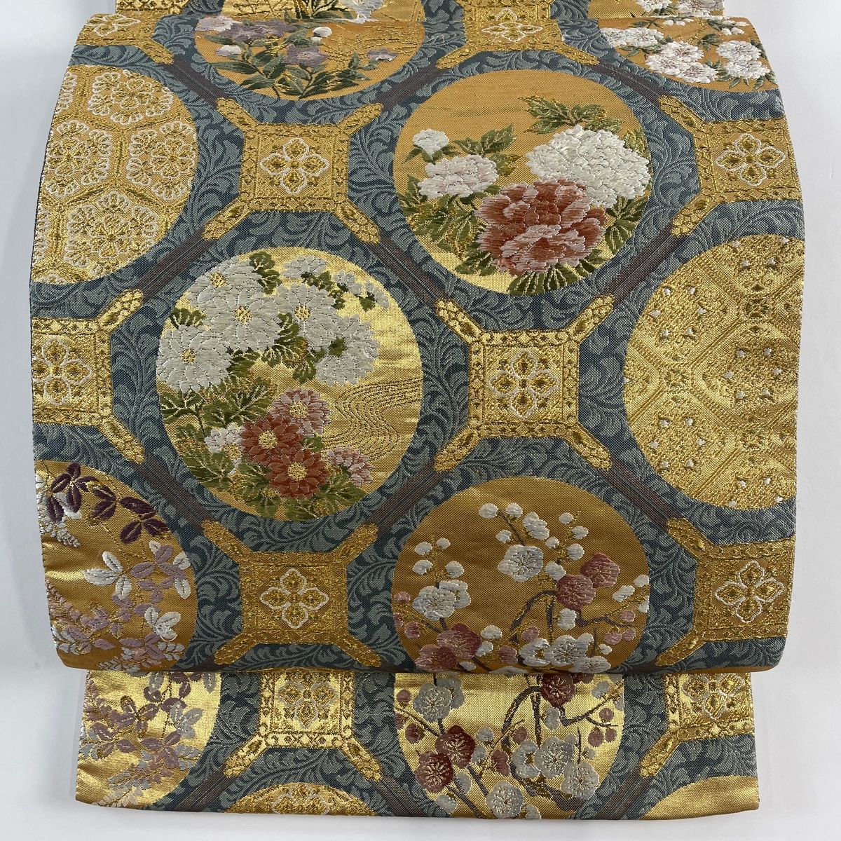 袋帯 美品 秀品 蜀江華文 華文 金糸 青灰色 六通 正絹 【中古】 袋帯