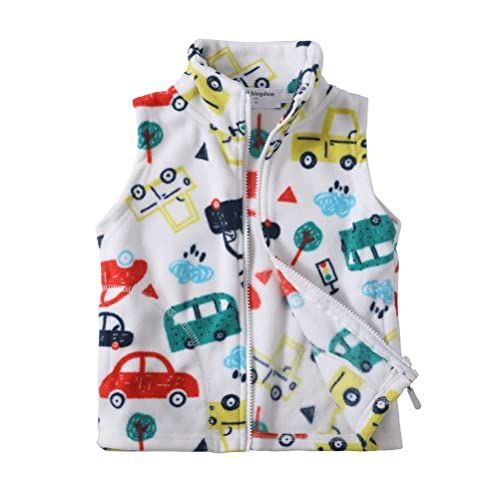 総柄-車_130 LittleSpring キッズ フリース ベスト 男の子 車 かわいい プリント 防寒 あったか チョッキ 子供 白 130