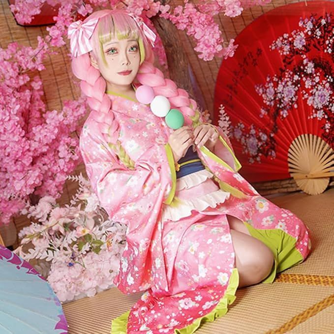 甘露寺（かんろじ） 蜜璃（みつり）着物 コスプレ 衣装 ウィッグ付き