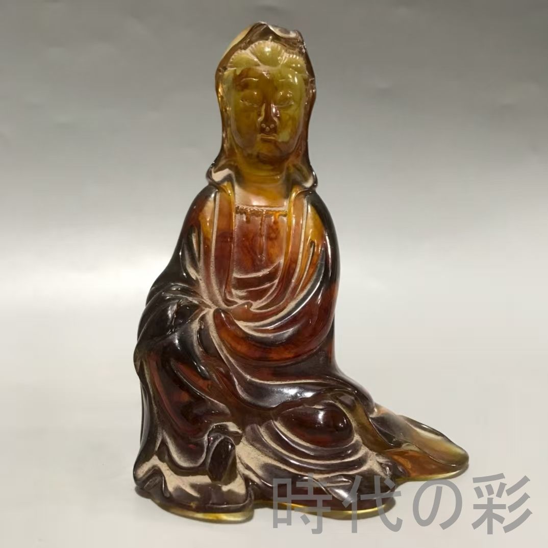 中国古美術・天然琥珀製・観音菩薩像・彫刻置物・仏教美術・古董品