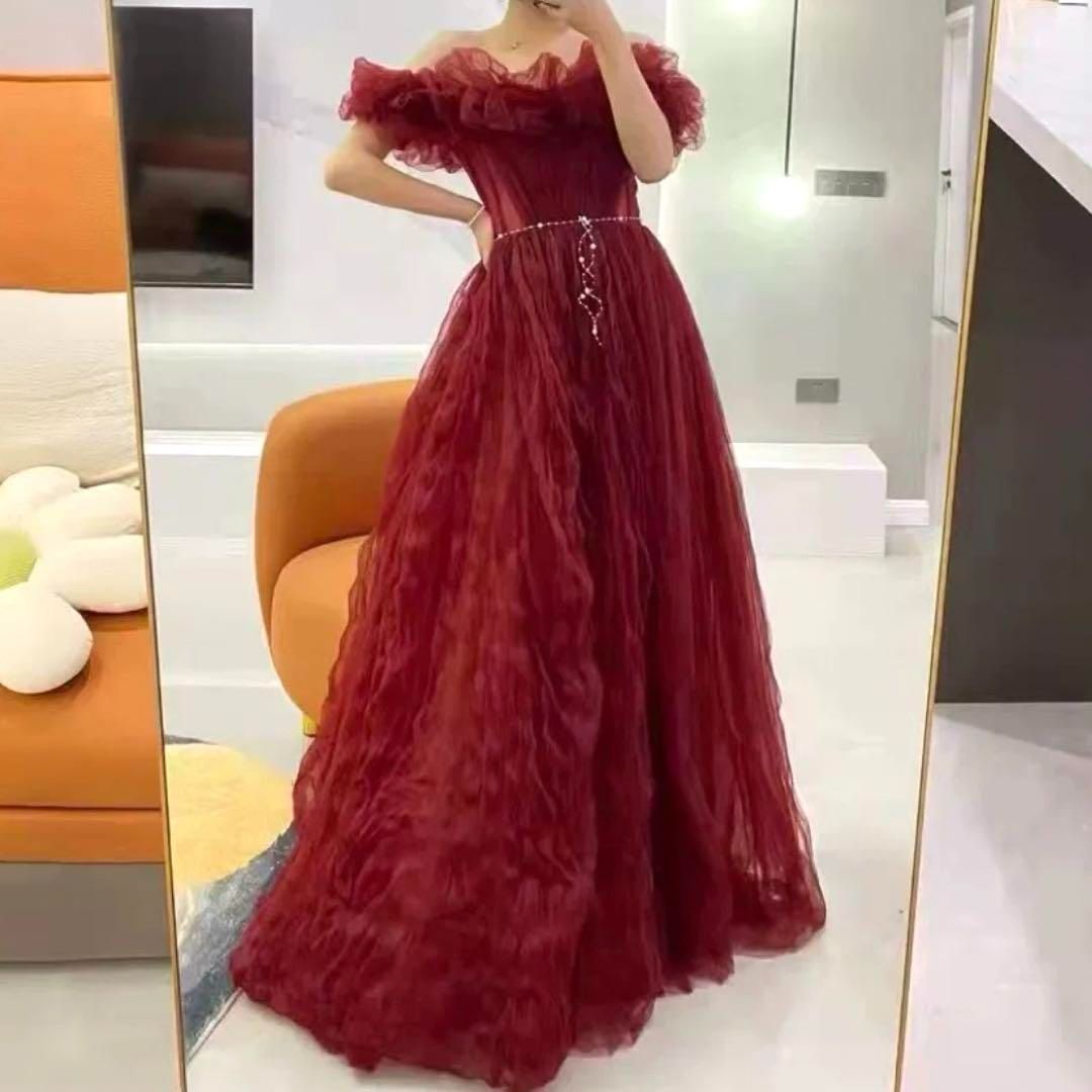 パールがオシャレで可愛い フリル オフショルイブニングドレス パールがオシャレで可愛い フリル オフショルイブニングドレス