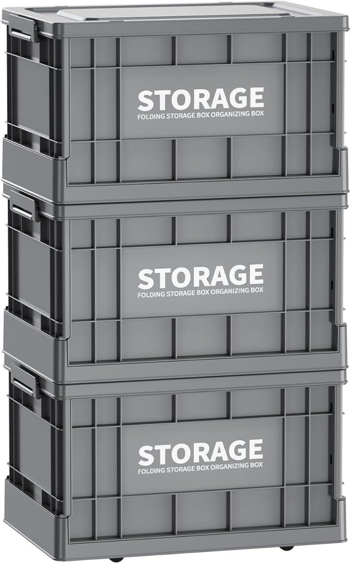 Mozawa 収納ボックス 折りたたみ式 大容量 コンテナボックス 蓋付き キャスター付き おしゃれ プラスチックケース クローゼット 押入れ 衣類 おもちゃ 布団 書類 漫画収納 アウトドア 3個セット ダークグレー Medium